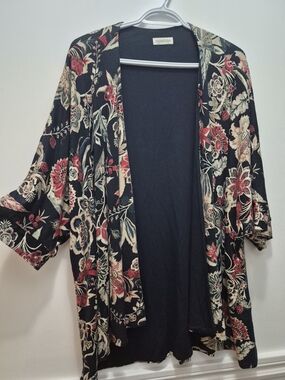 Monsoon Black Floral Open-Front Kimono Cardigan with Red and Cream Blooms